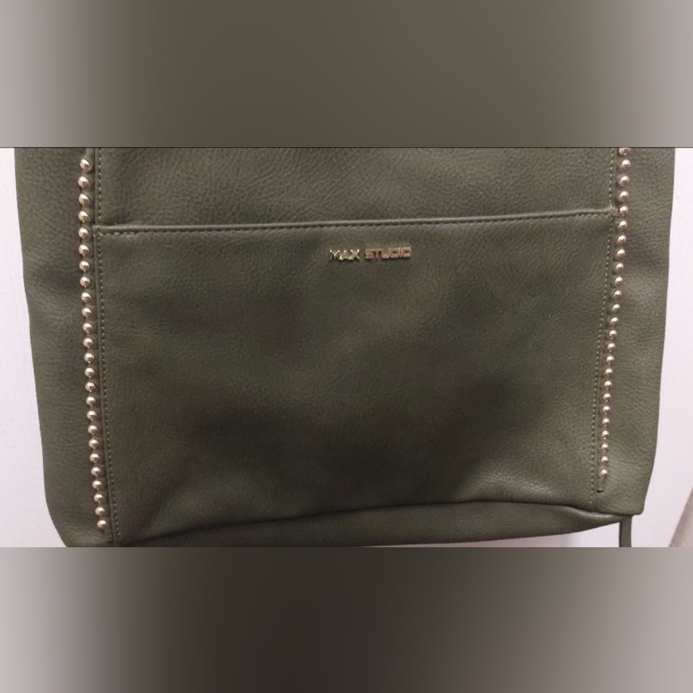 Max Studio Army Green Tote Satchel Gold Hardware and Studs Lots of Deep Pockets - Picture 12 of 12